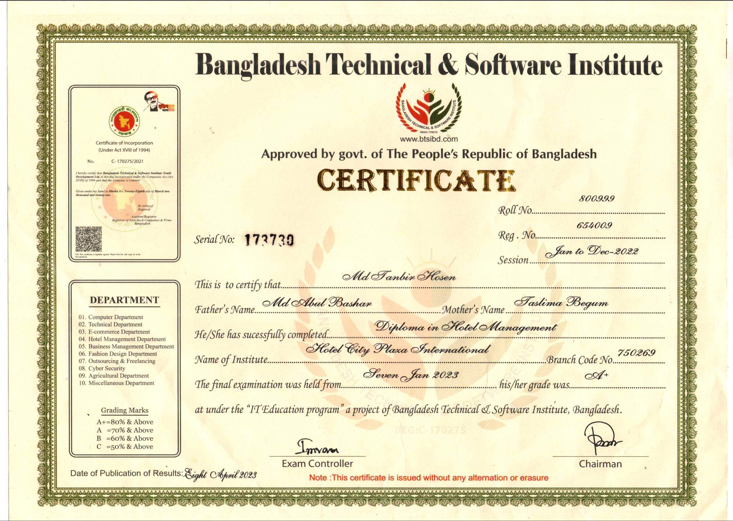 HSC Certificate
